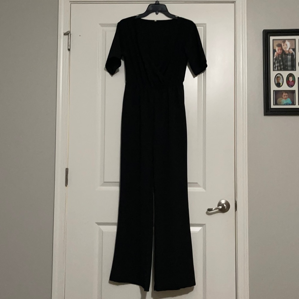 Black deep V jumpsuit